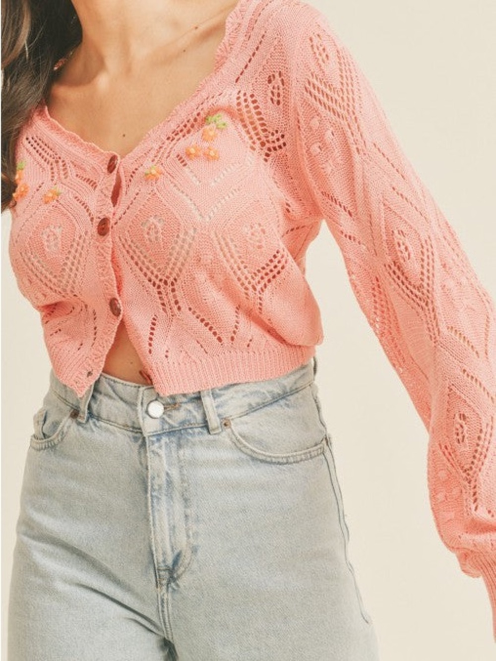 Lush Corral Open-Knit Cropped Cardigan with Floral Embroidery